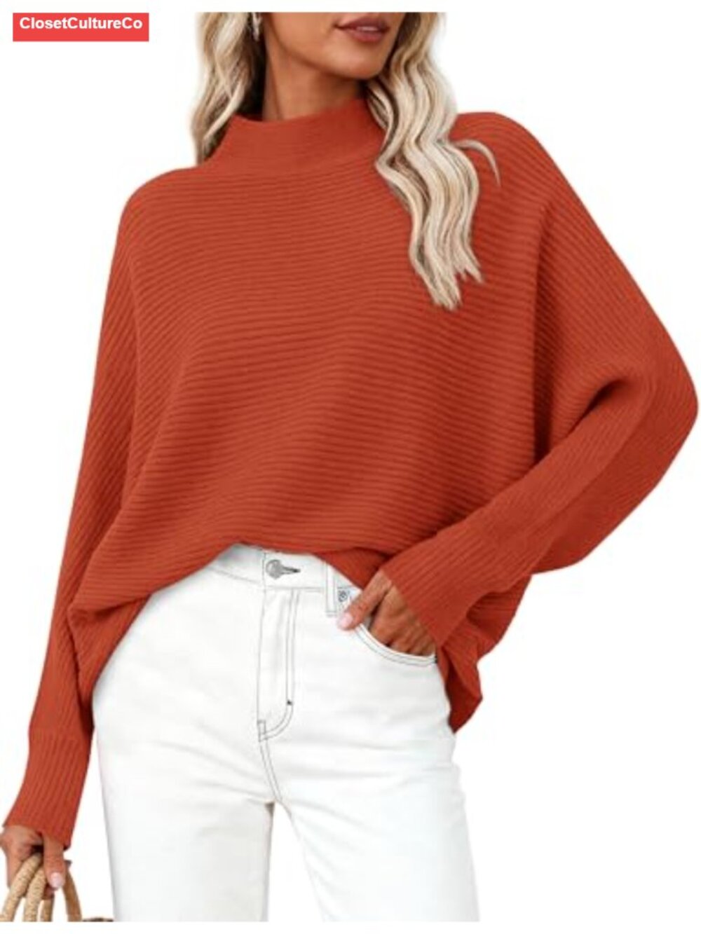 Oversized Ribbed Knit Mock Neck Batwing Sleeve Sweater Pullover